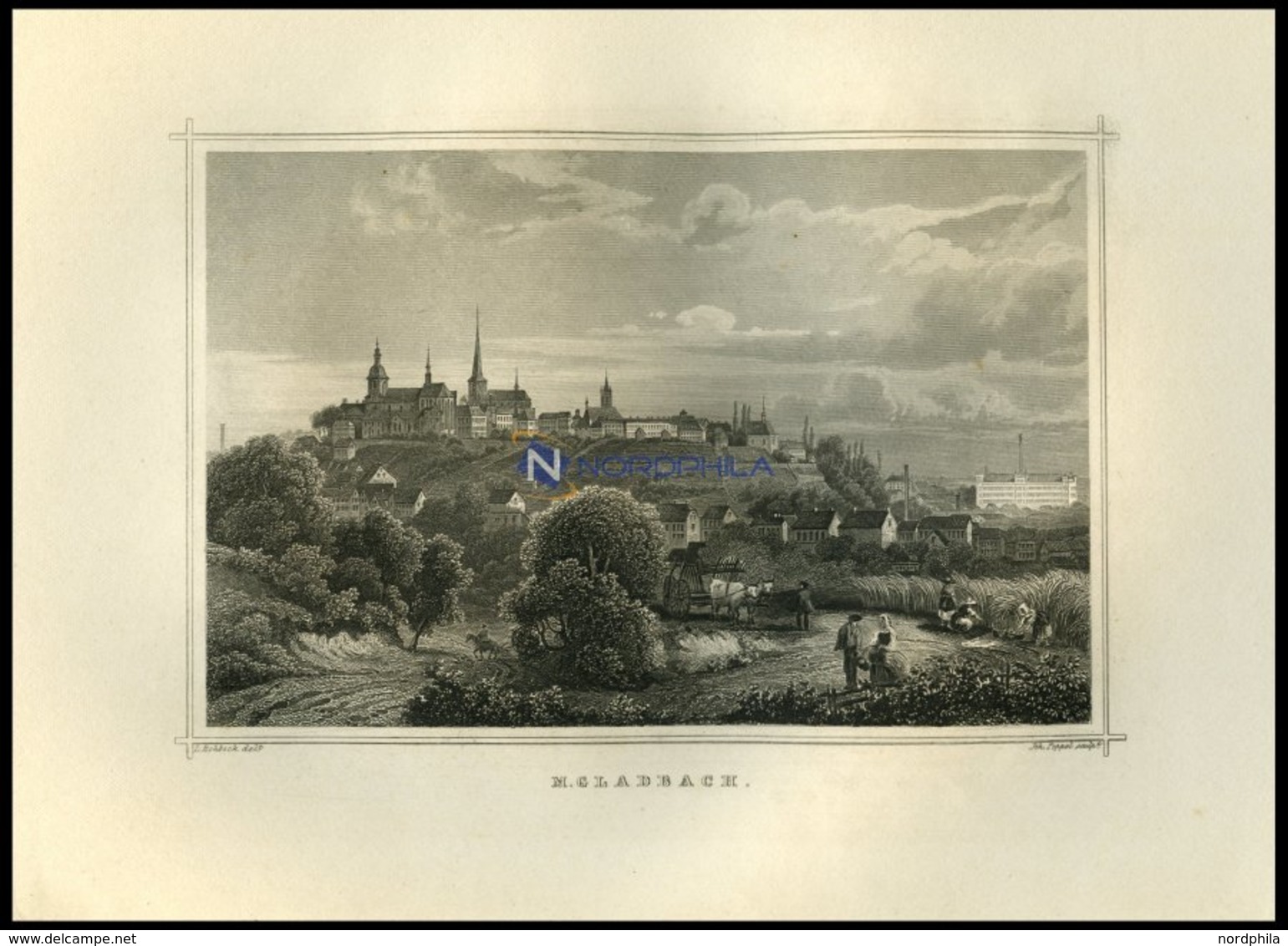 GLADBACH, Gesamtansicht Mit Hübscher Personenstaffage Im Vordergrund, Stahlstich Von Rohbock/Poppel Um 1850 - Litografía