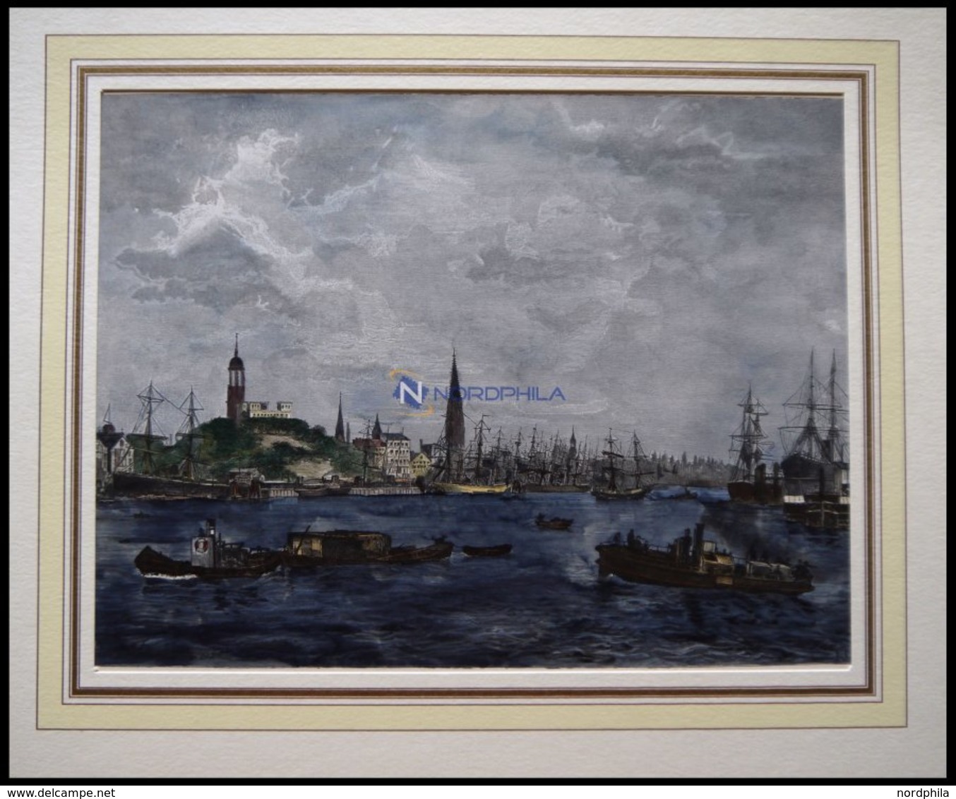 HAMBURG: Blick Auf Die Elbe Und Den Hamburger Hafen, Kolorierter Holzstich Von Gehrts Von 1881 - Litografía