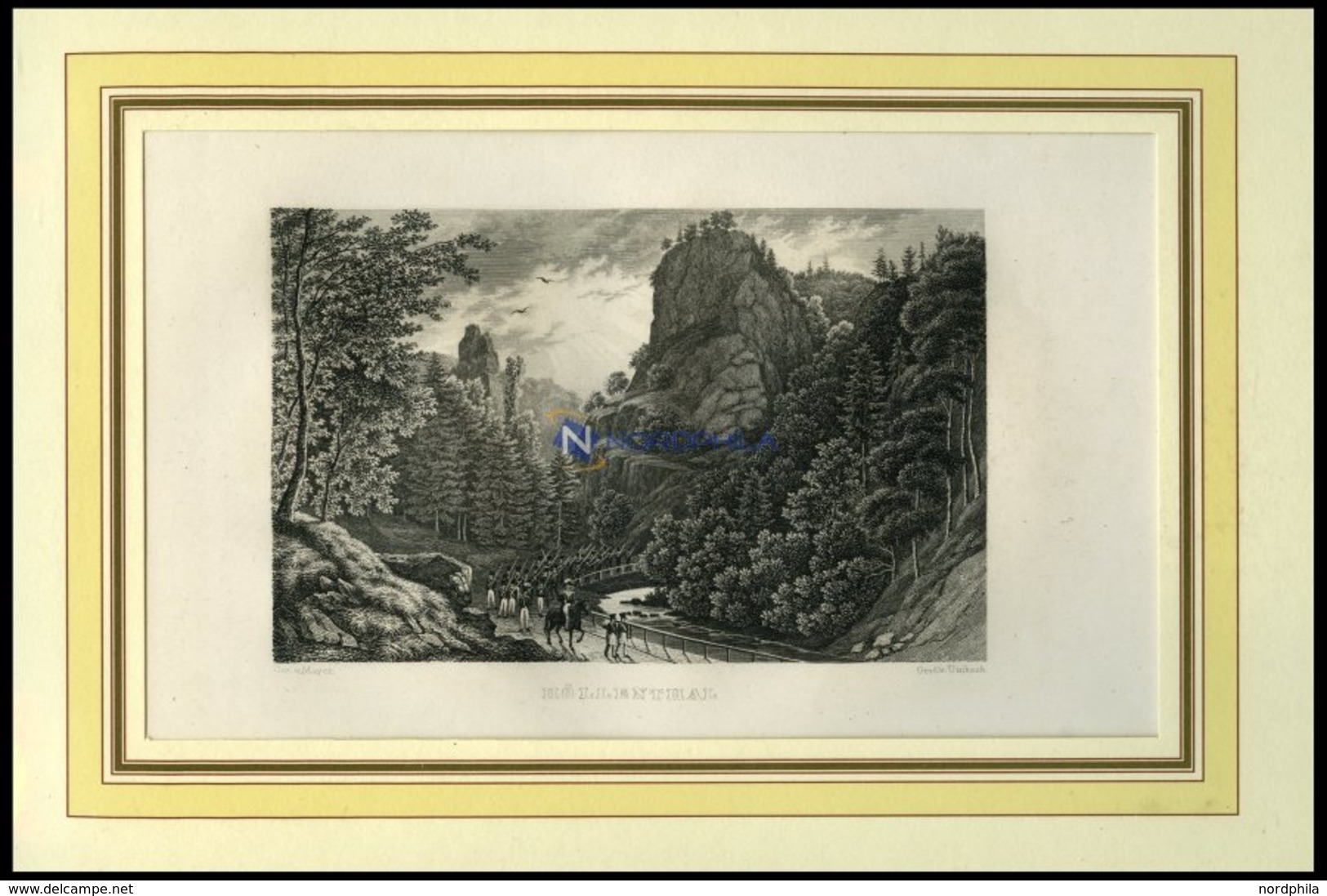 HÖLLENTHAL: Felslandschaft Mit Bach Und Durchziehendem Militär, Stahlstich Von Umbach, 19. Jh. - Lithographies