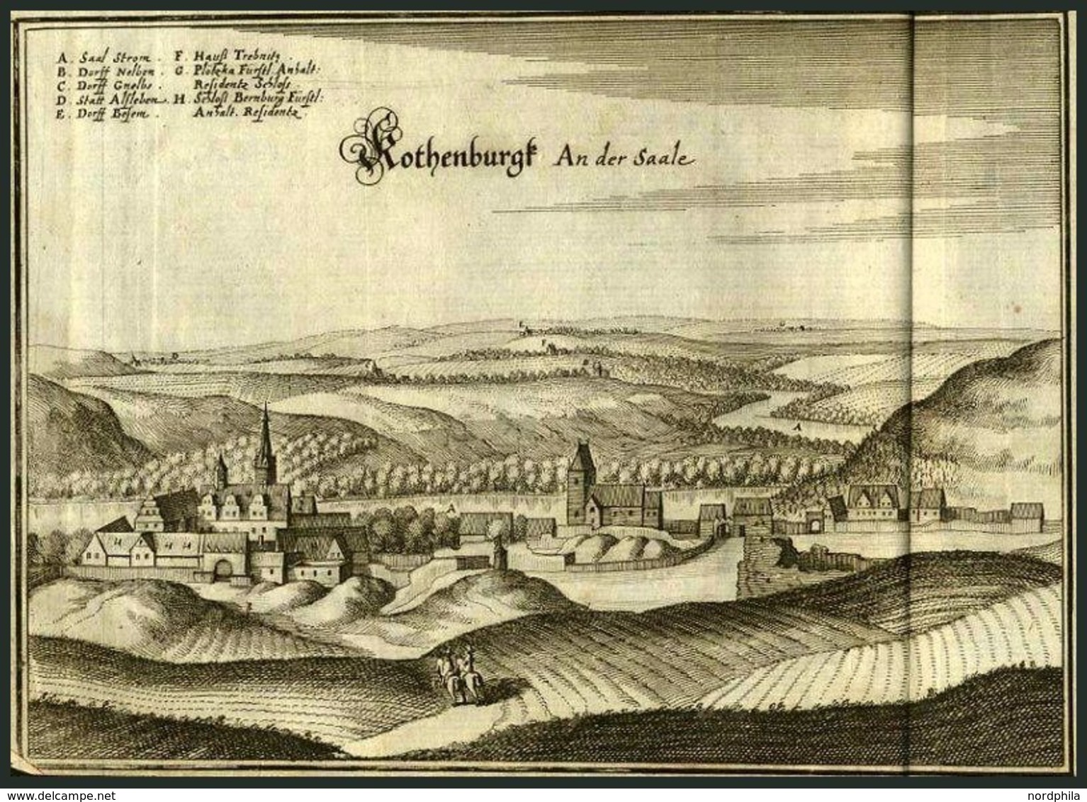 ROTHENBURG Auf D. SAALE, Gesamtansicht, Kupferstich Von Merian Um 1645 - Litografía