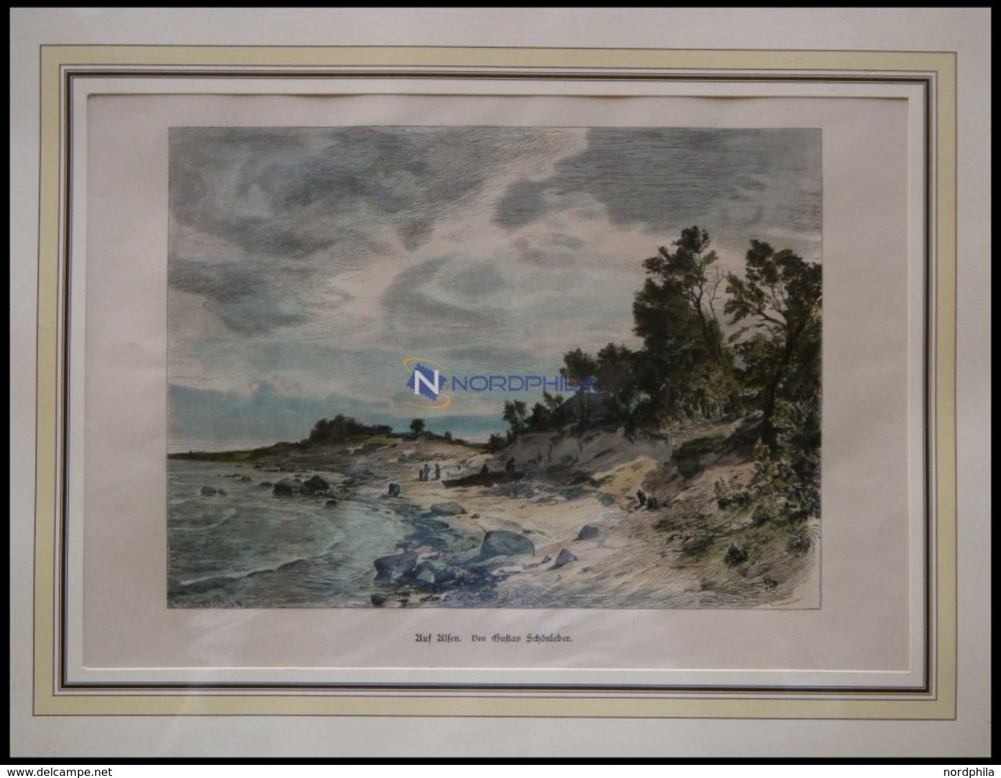 ALSEN, Am Strand, Kolorierter Holzstich Von G.Schönleber Von 1881 - Lithographies