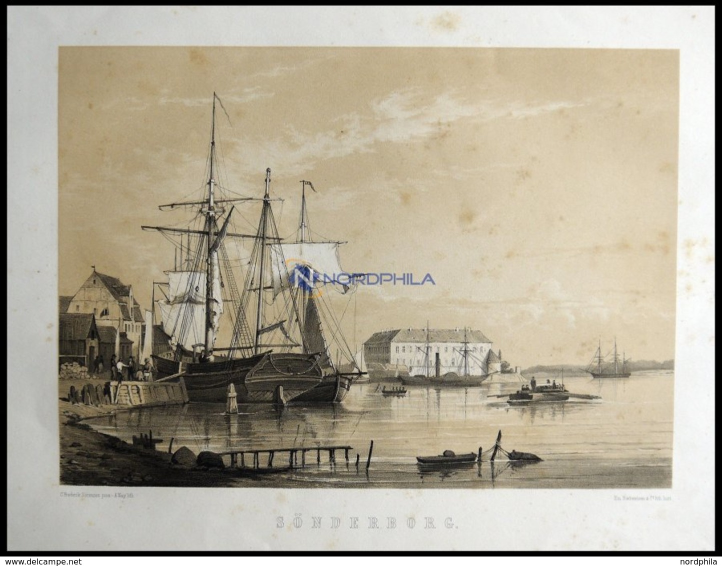SONDERBURG (Sönderborg), Hafenansicht Mit Segelbooten, Lithographie Mit Tonplatte Von Alexander Nay Nach C. Frederik Sör - Litografía