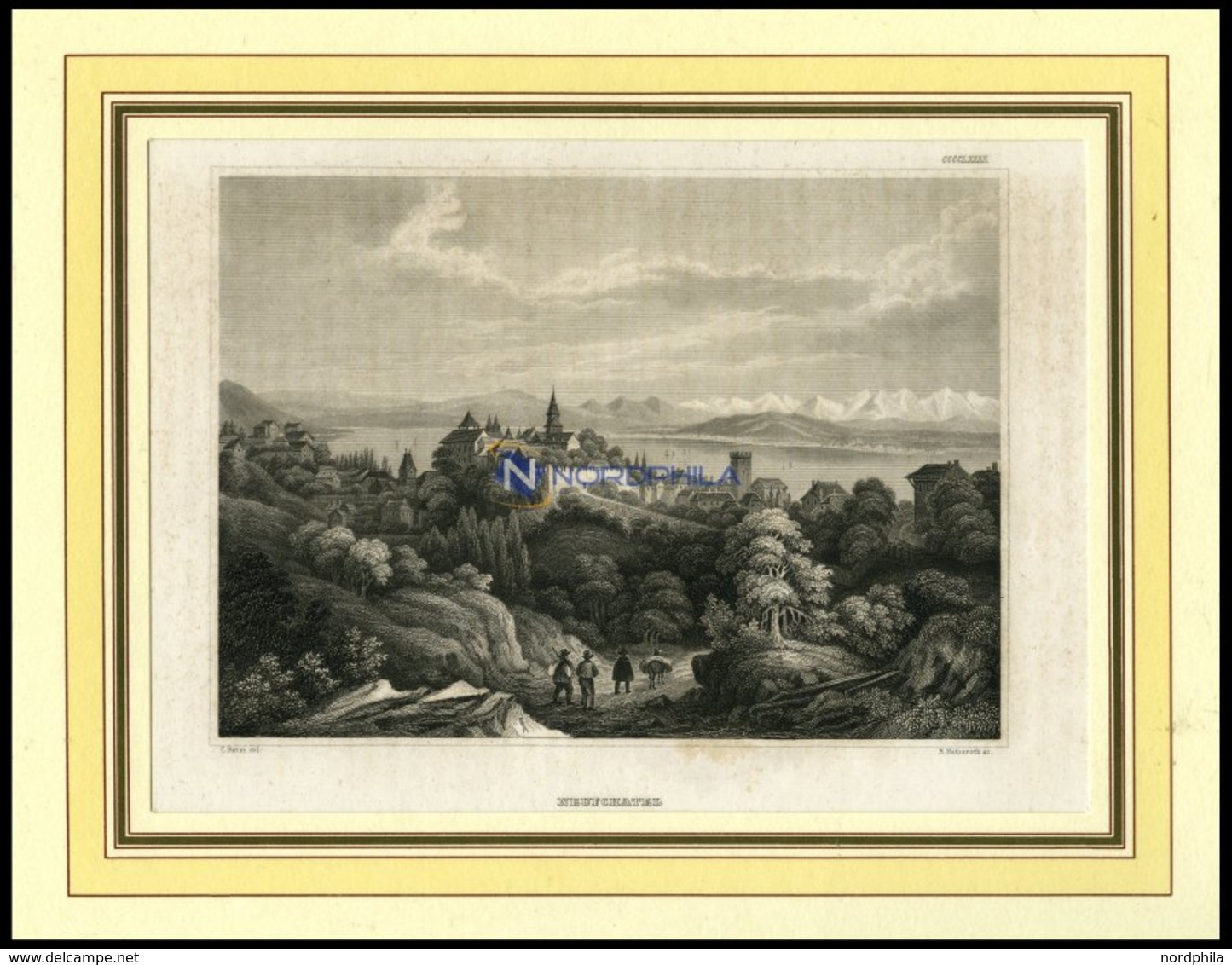 NEUCHATEL, Gesamtansicht, Stahlstich Von B.I. Um 1840 - Litografía
