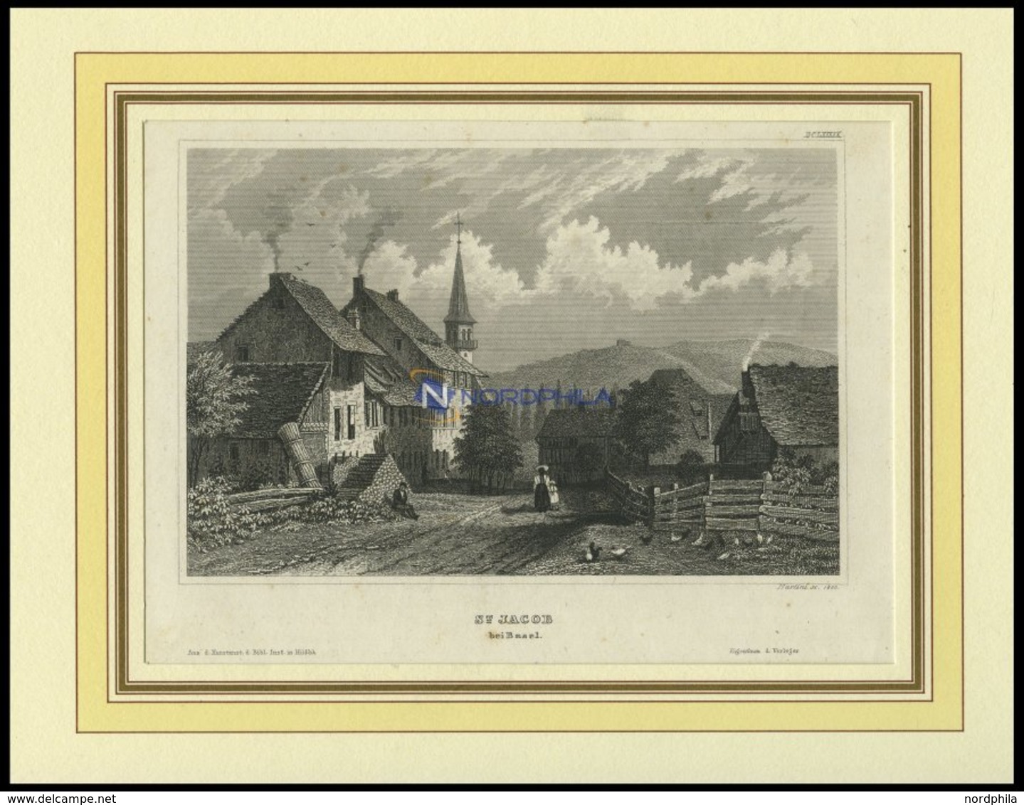 ST. JACOB B. BASEL, Gesamtansicht, Stahlstich Von B.I. Um 1840 - Lithographien