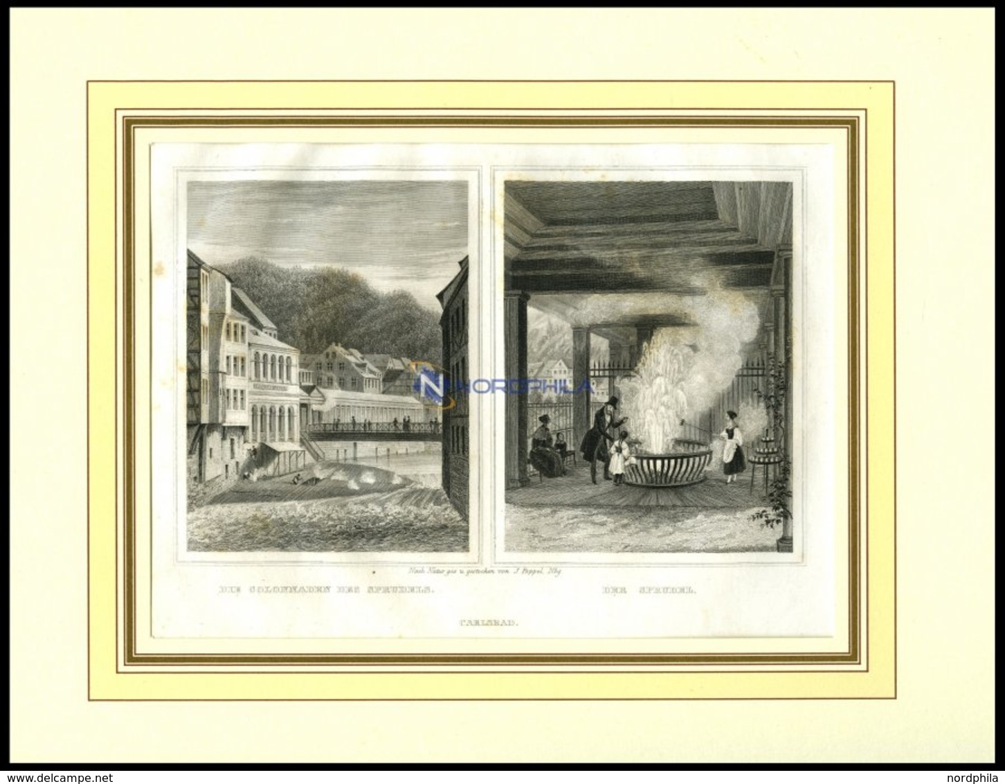 KARLSBAD: Die Colonnaden Des Sprudels Und Der Sprudel, 2 Ansichten Auf Einem Blatt, Stahlstich Von Poppel, 1840 - Litografía