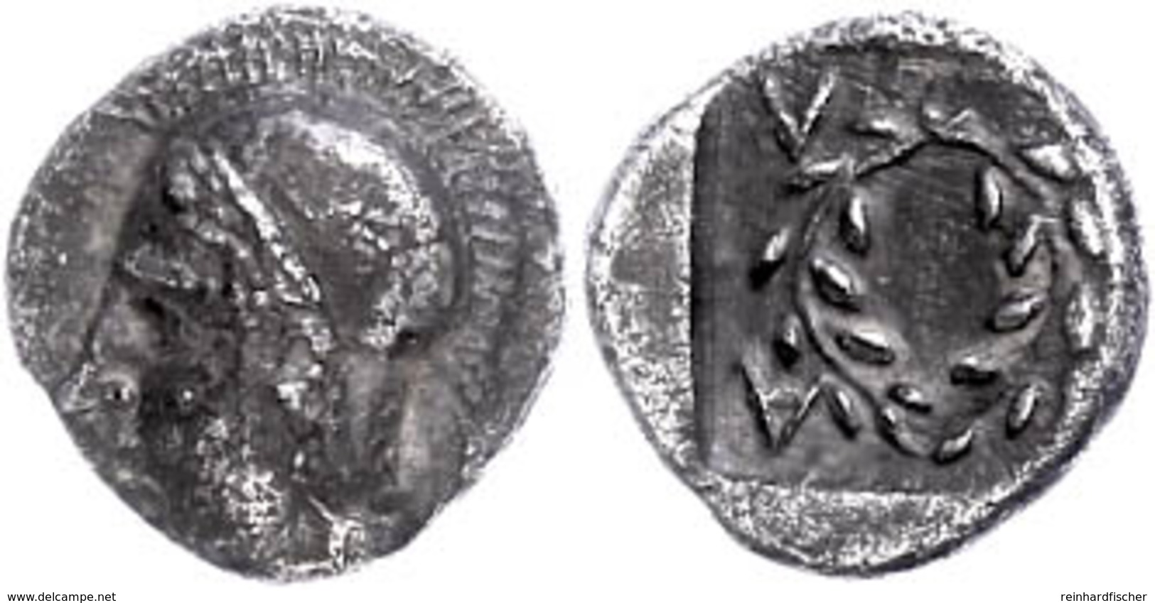Elaia, Diobol (1,20 G), Um 450-400 V. Chr. Av. Kopf Der Athena. Rev. Kranz In Quadratum Incusum, Rechts Davon Griech. Bu - Sonstige & Ohne Zuordnung