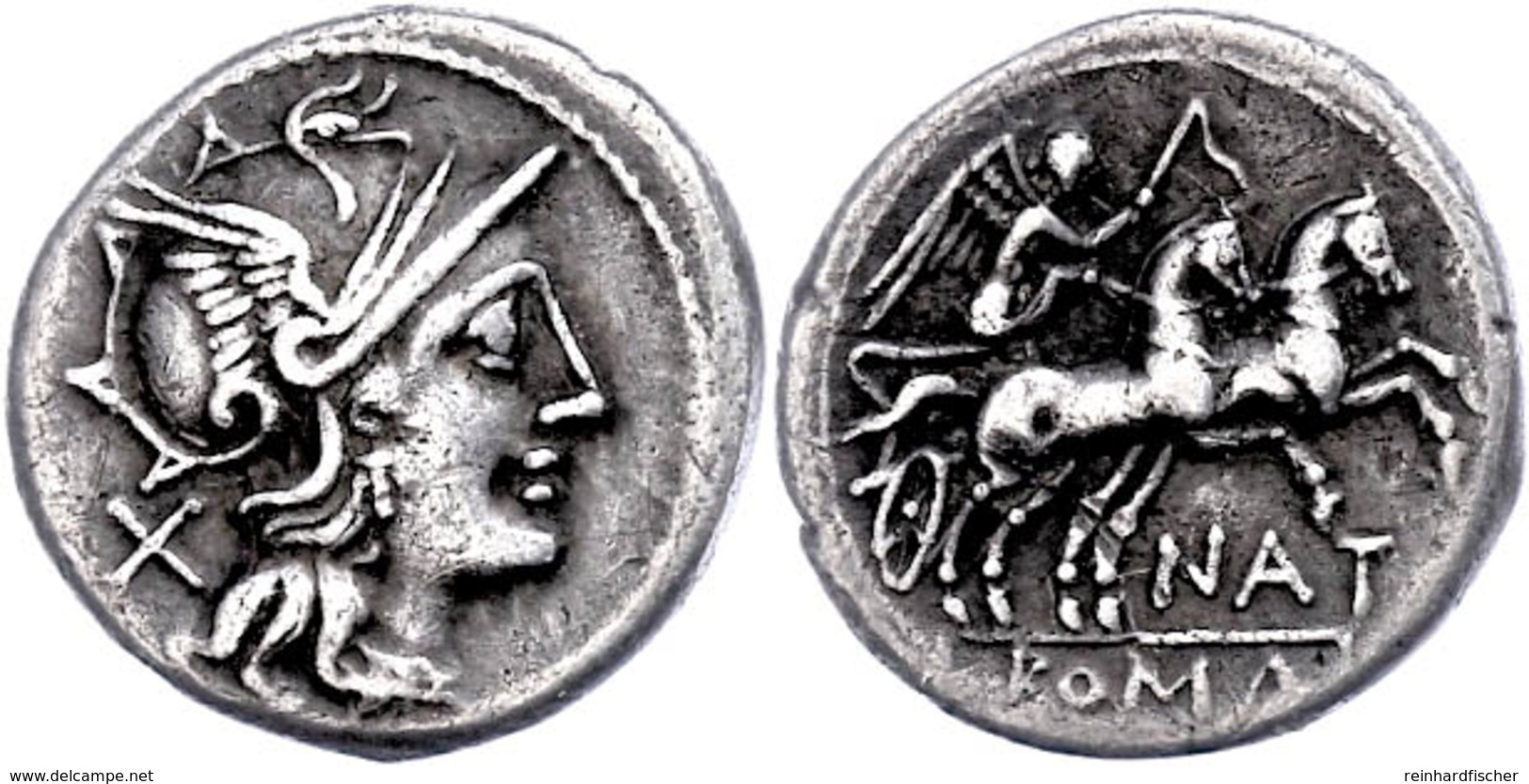 Pinarius Natta?, Denar (3,74g), 149 V. Chr., Rom. Av: Romakopf Mit Flügelhelm Nach Rechts, Dahinter Wertzeichen X. Rev:  - Republiek (280 BC Tot 27 BC)