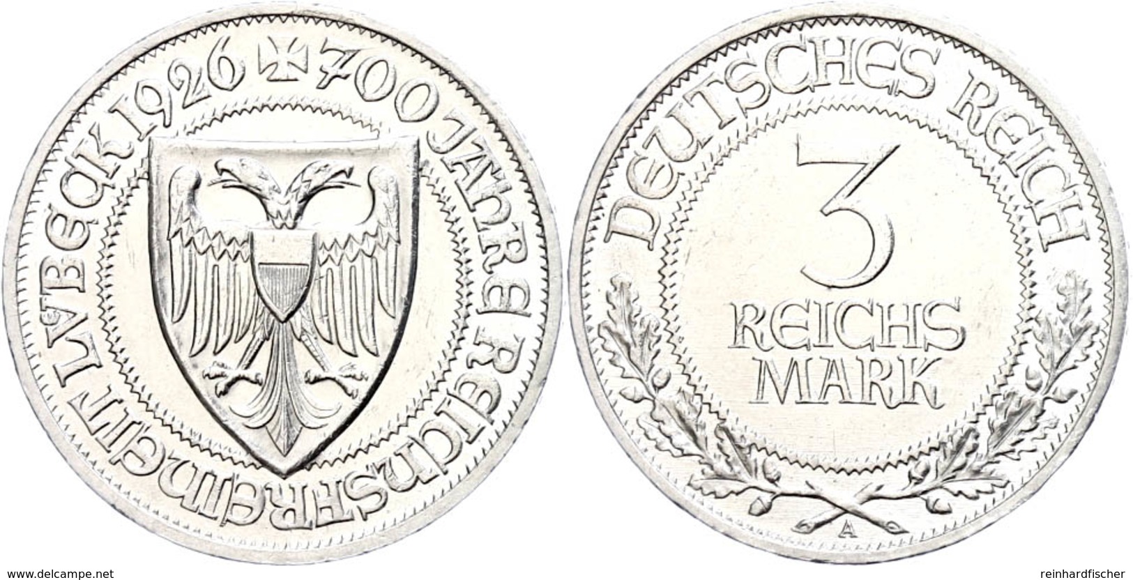 3 Reichsmark, 1926, Lübeck, Etwas Gereinigt, Vz., Katalog: J. 323 Vz - Andere & Zonder Classificatie