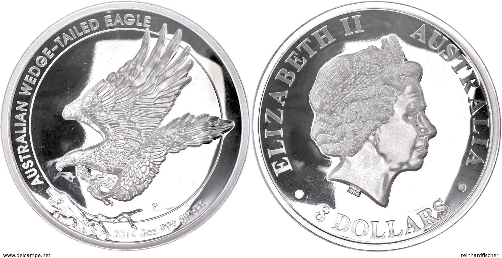 8 Dollars, 2014, Wedge Tailed Eagle, 5 Unzen Silber, High Relief, Etui Mit OVP Und Zertifikat, PP. Auflage Nur 5.000 Stü - Other & Unclassified