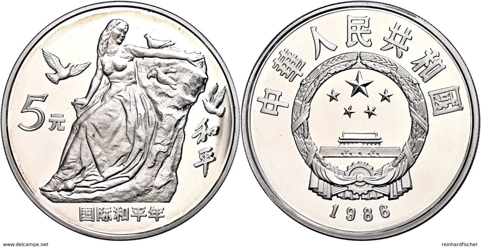 5 Yuan, Silber, 1986, UN Internationales Jahr Des Friedens 1986, KM 148, In Kapsel, Minimal Angelaufen, PP. Auflage Nur  - China