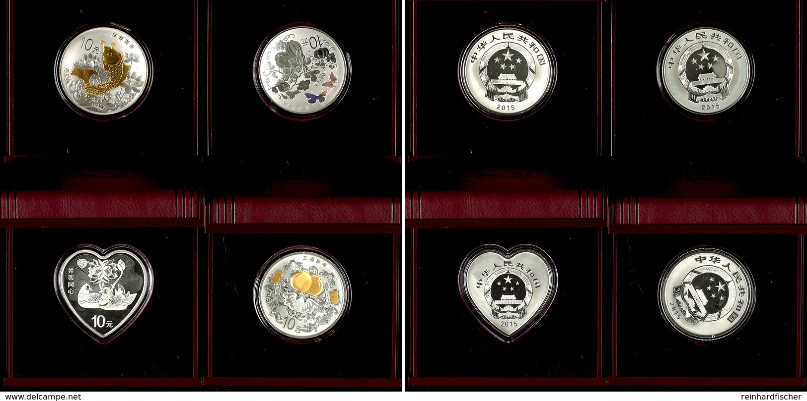 Set Zu 4x 10 Yuan, 2015, Auspicious Culture - Glückssymbole: Schmetterlinge Und Kürbisse, Mandarin Enten Und Lotus, Fled - China