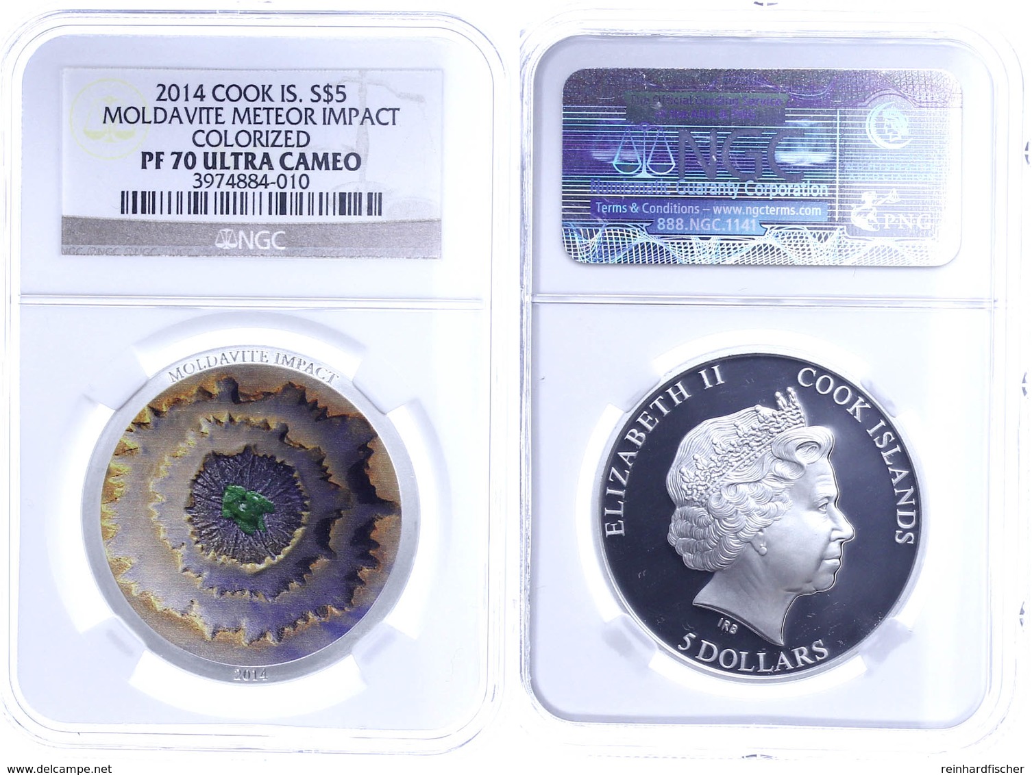 5 Dollars, 2016, Madavite Meteor, In Slab Der NGC Mit Der Bewertung PF70 Ultra Cameo, Colorized. - Cookeilanden
