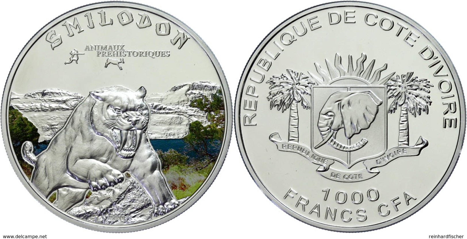 1.000 Francs, 2011, Säbelzahntiger, 925er Silber, Coloriert, Etui Mit OVP Und Zertifikat, PP. Auflage Nur 1000 Stück.  P - Ivoorkust