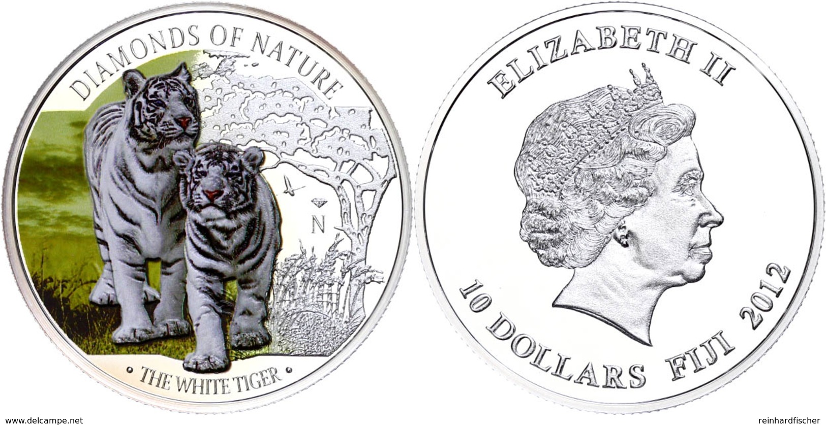 10 Dollars, 2012, Weißer Tiger, 1 Unze Silber, Coloriert, Etui Mit OVP Und Zertifikat, PP. Auflage Nur 1.000 Stück.  PP - Fiji