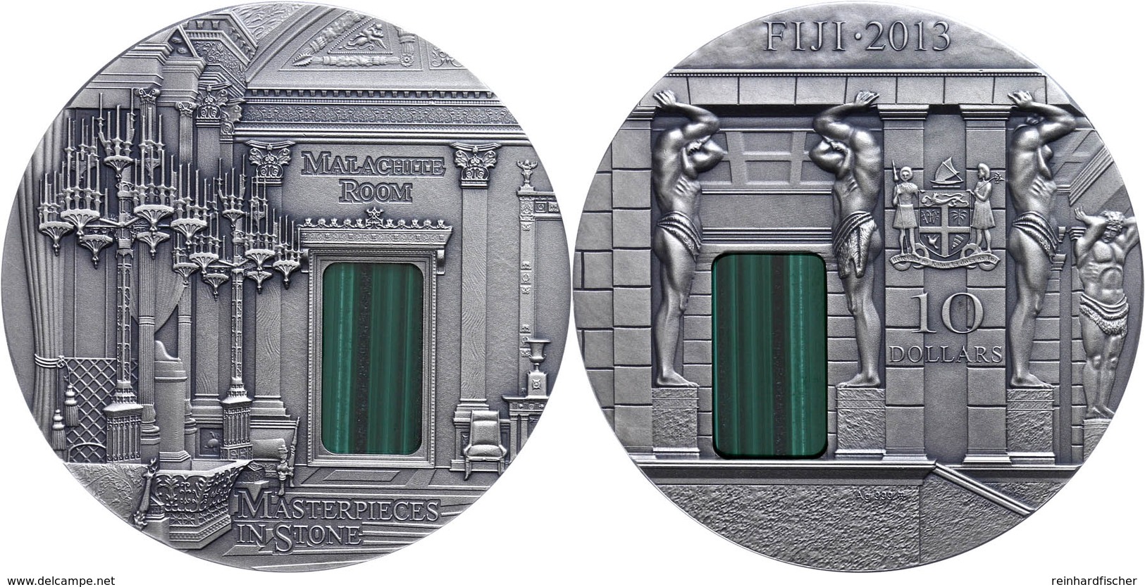 10 Dollars, 2013, Masterpieces In Stone - Malachite Room, 3 Unzen Silber, Antik Finish, Etui Mit OVP Und Zertifikat, St. - Fiji