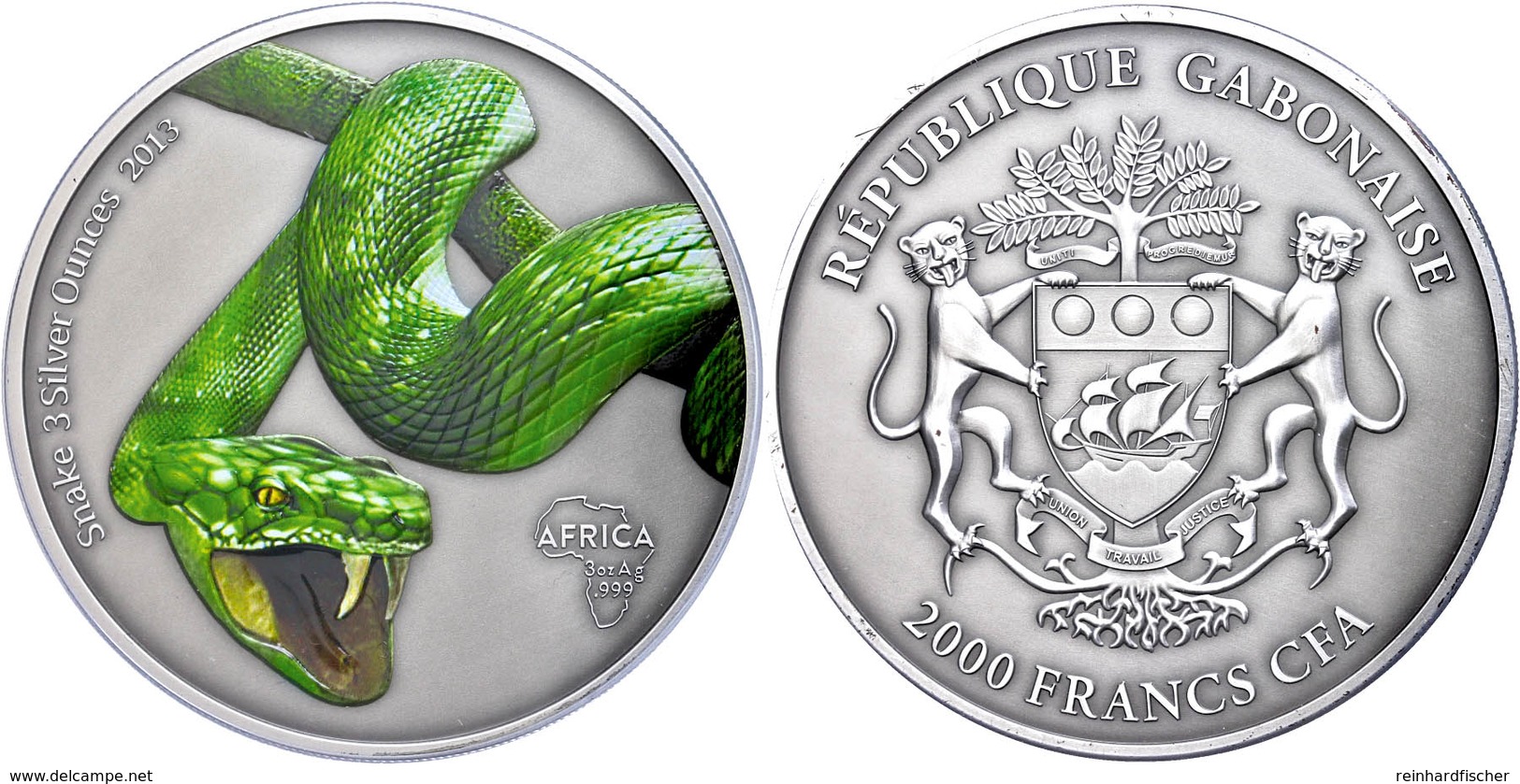 2.000 Francs, 2013, Africa - Schlange, 3 Unzen Silber, Coloriert, Antik Finish, In Kapsel Mit Zertifikat, St. Auflage Nu - Gabon