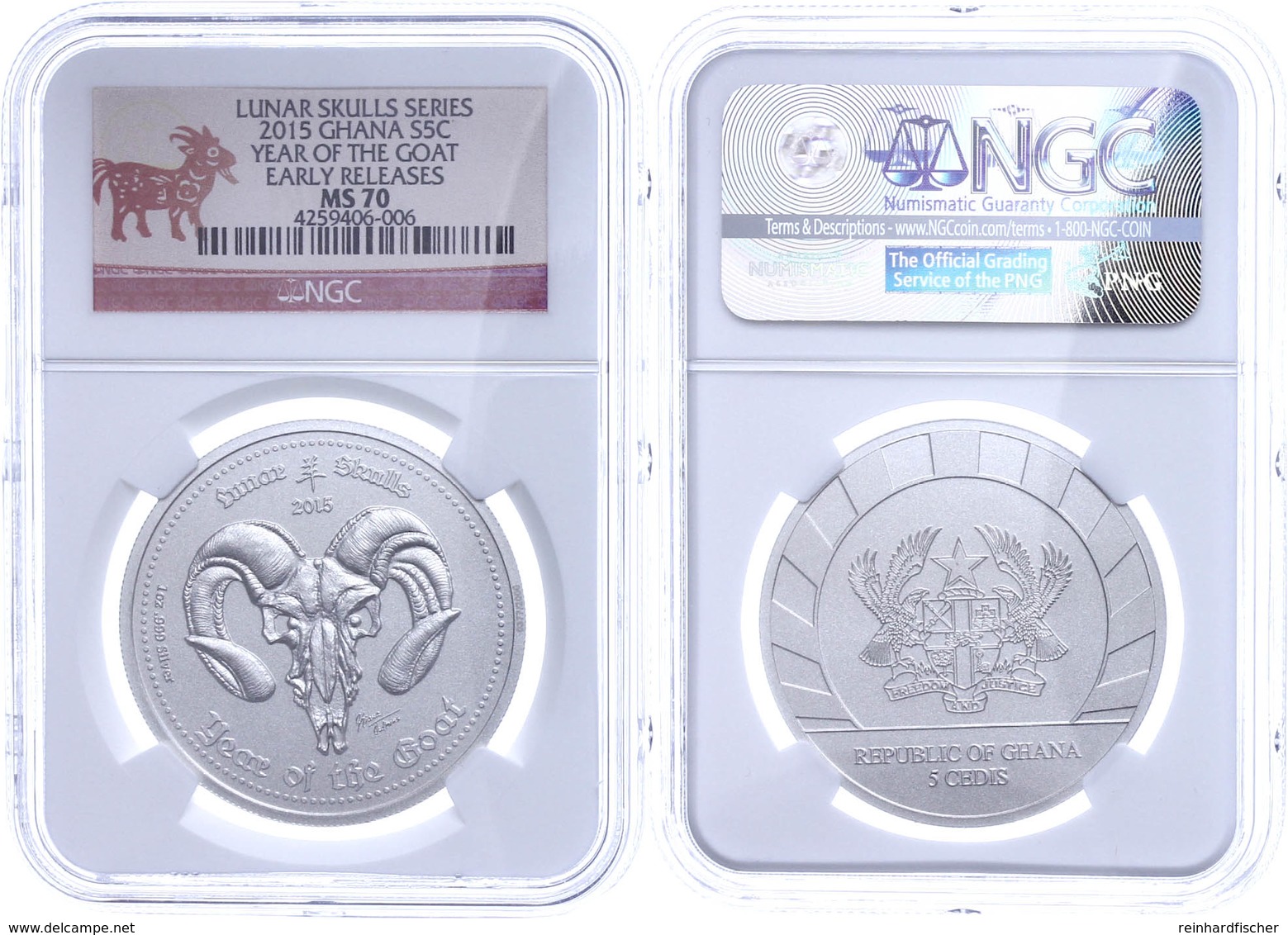 5 Cedis, 2015, Lunar Skulls Series-Year Of The Goat, In Slab Der NGC Mit Der Bewertung MS70, Early Releases. - Ghana