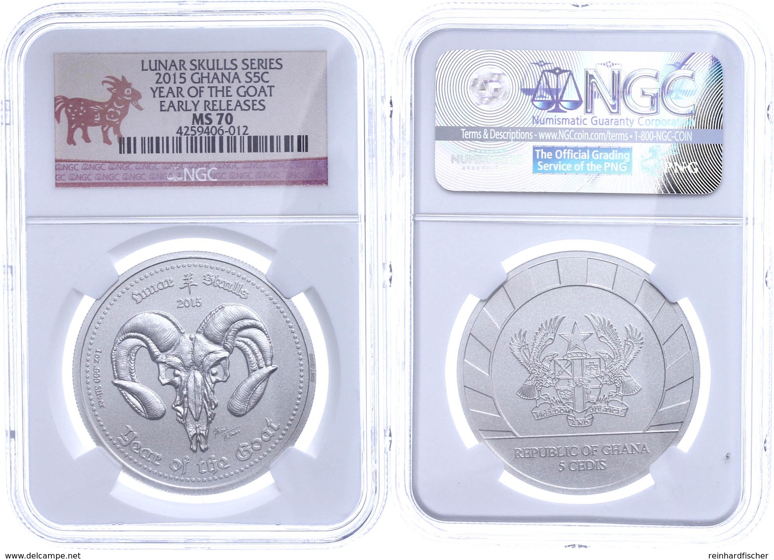 5 Cedis, 2015, Lunar Skulls Series-Year Of The Goat, In Slab Der NGC Mit Der Bewertung MS70, Early Releases. - Ghana