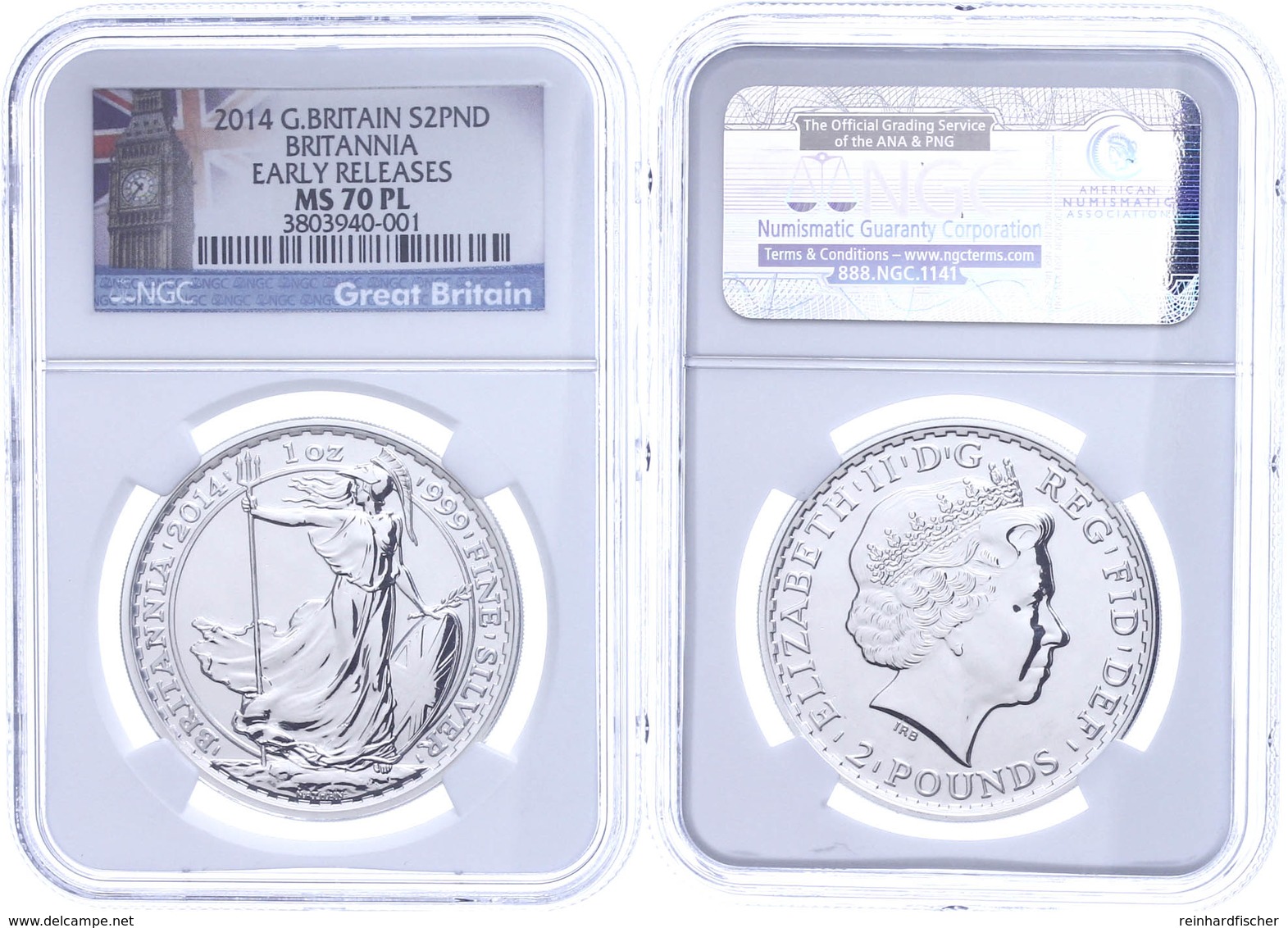 2 Pounds, 2014, Britannia, In Slab Der NGC Mit Der Bewertung MS70 PL, Early Releases, Big Ben Label. - Andere & Zonder Classificatie