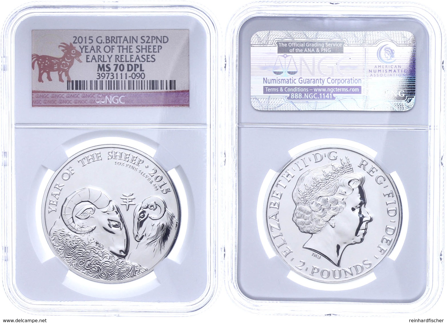2 Pounds, 2015, Year Of The Sheep, In Slab Der NGC Mit Der Bewertung MS70 DPL, Early Releases. - Andere & Zonder Classificatie