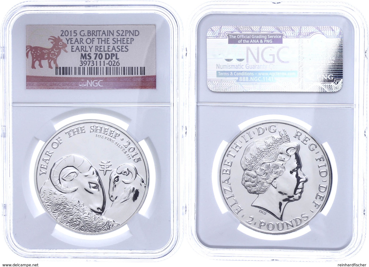 2 Pounds, 2015, Year Of The Sheep, In Slab Der NGC Mit Der Bewertung MS70 DPL, Early Releases. - Andere & Zonder Classificatie