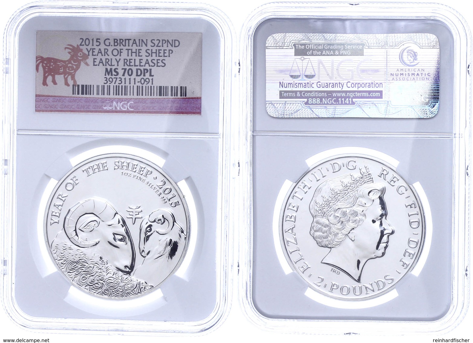 2 Pounds, 2015, Year Of The Sheep, In Slab Der NGC Mit Der Bewertung MS70 DPL, Early Releases. - Andere & Zonder Classificatie