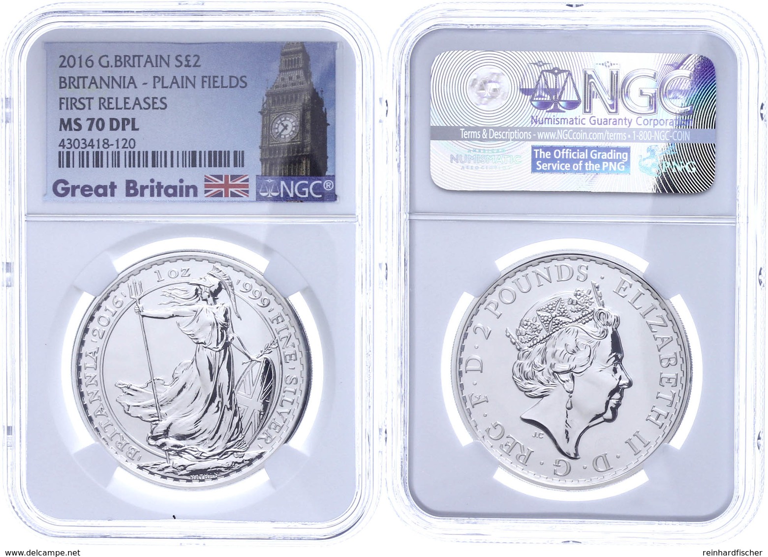 2 Pounds, 2016, Britannia, In Slab Der NGC Mit Der Bewertung MS70 DPL, First Releases, Big Ben Label. - Andere & Zonder Classificatie