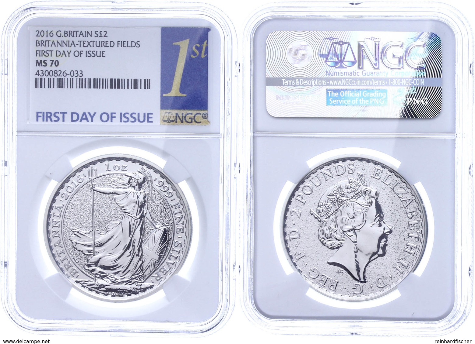 2 Pounds, 2016, Britannia, In Slab Der NGC Mit Der Bewertung MS70, Textured Fields, First Day Of Issue Label. - Andere & Zonder Classificatie