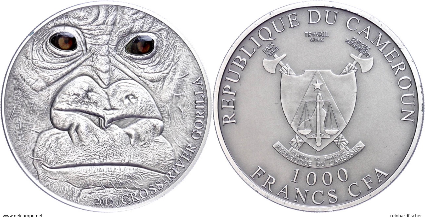 1.000 Francs, 2012, Cross River Gorilla, 1 Unze Silber, Antik Finish, Etui Mit OVP Und Zertifikat, St. Auflage Nur 1.000 - Cameroon