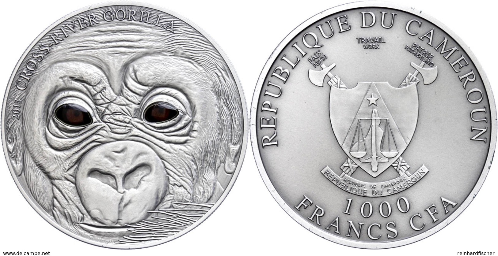 1.000 Francs, 2013, Baby Gorilla, 1 Unze Silber, Antik Finish, Real Eye Effect, Etui Mit OVP Und Zertifikat, St. Auflage - Kameroen