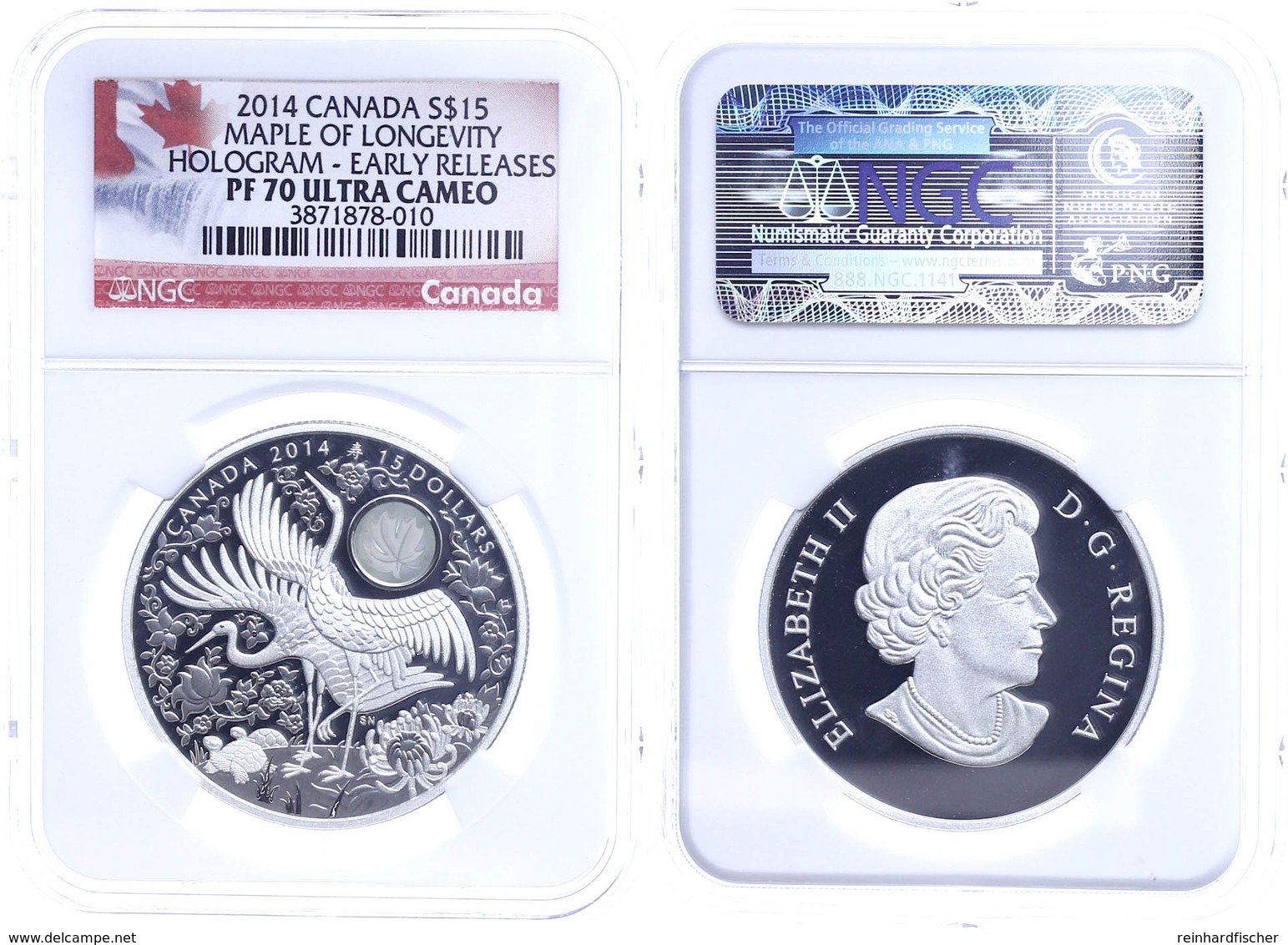 15 Dollars, 2014, Maple Of Longevity, In Slab Der NGC Mit Der Bewertung PF70 Ultra Cameo, Hologram Early Release, Flag L - Canada