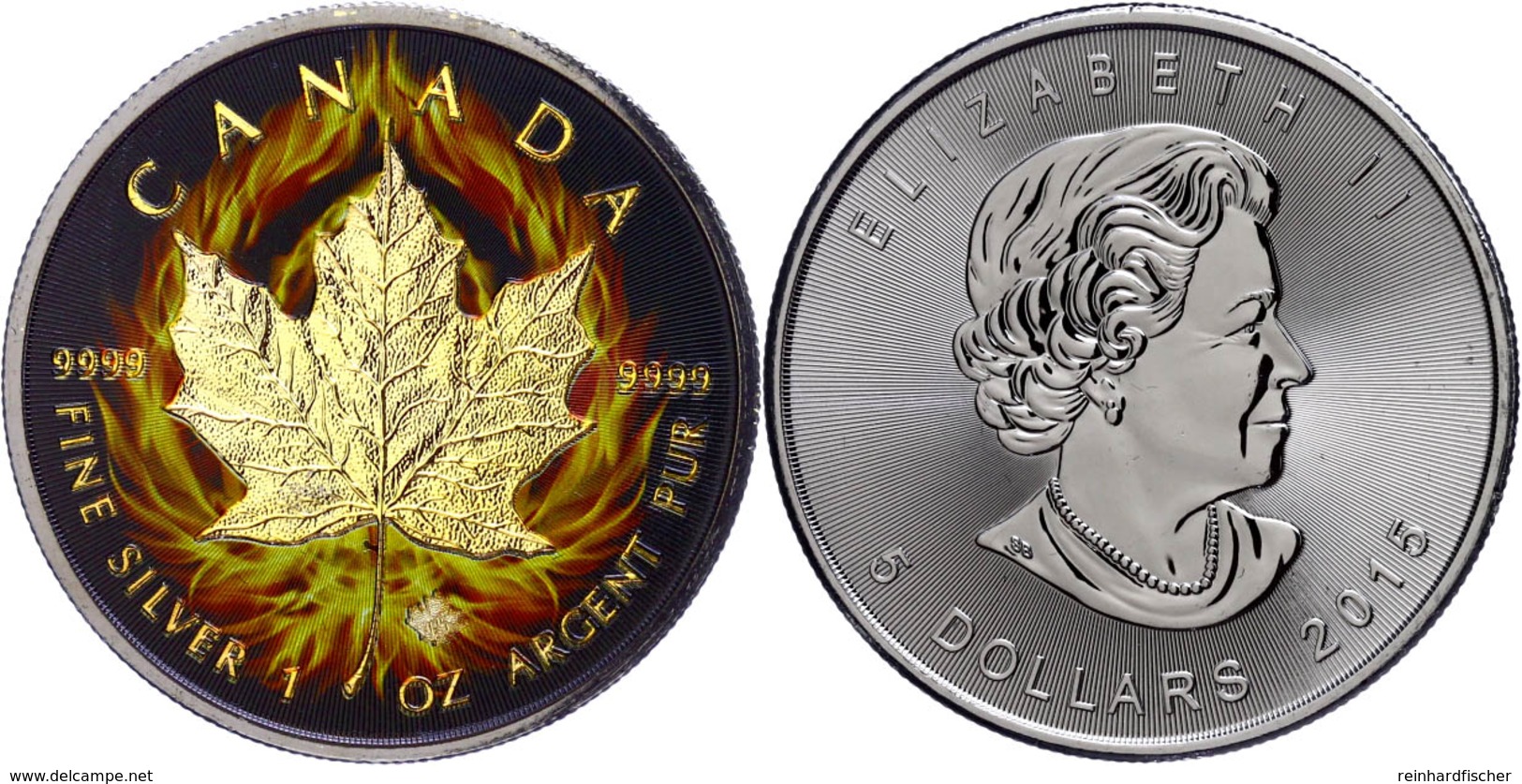 5 Dollars, 2015, Burning Maple Leaf, 1 Unzen Silber, Black Ruhenium Finish, Vergoldet, Etui Mit OVP Und Zertifikat, St.  - Canada