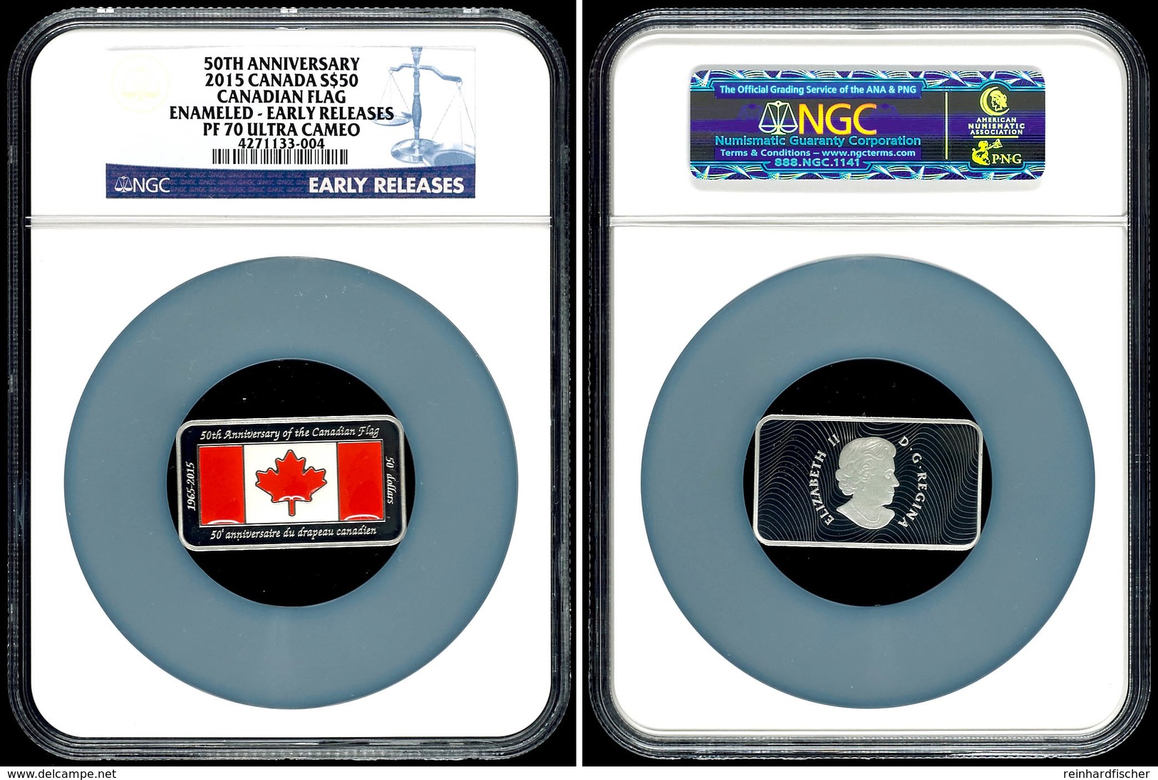 50 Dollars, 2015, Canadian Flag, In Slab Der NGC Mit Der Bewertung PF70 Ultra Cameo, Enamelled Early Releases. - Canada