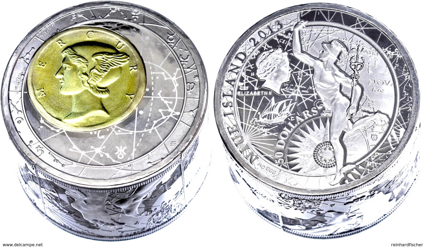 50 Dollars, 2013, Fortuna Redux Mercury 3D, Zylinder Form, 6 Unzen Silber, Teilvergoldet, Schatulle Mit OVP Und Zertifik - Niue