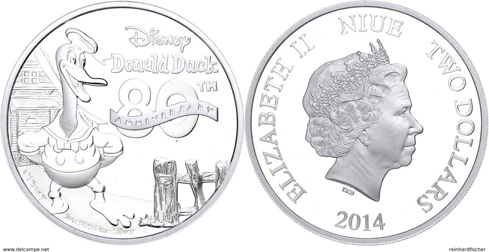 2 Dollars, 2014, Disney - Donald Duck, 1 Unze Silber, Etui Mit OVP Und Zertifikat, PP. Auflage Nur 10.000 Stück.  PP - Niue