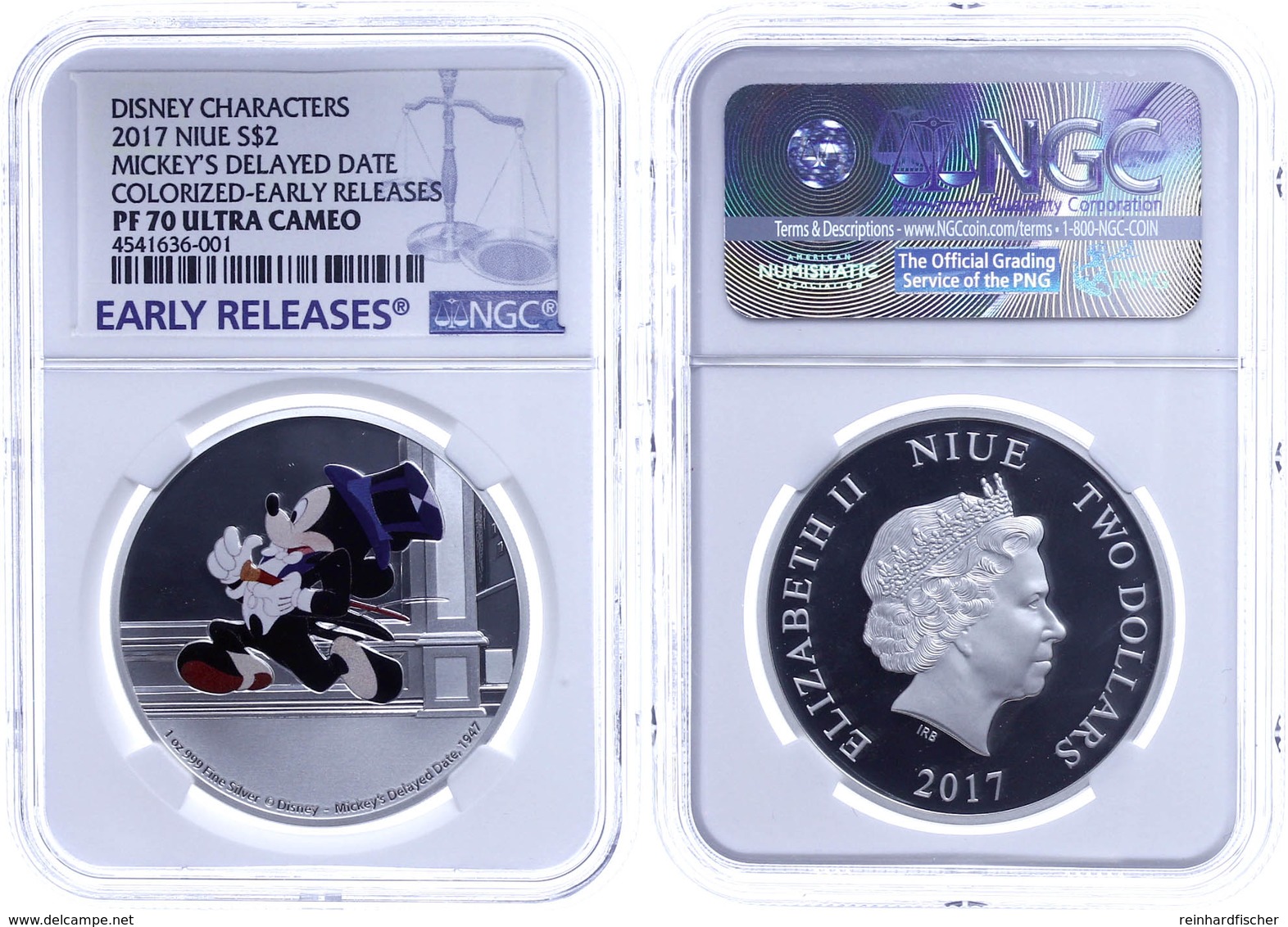 2 Dollars, 2017, Mickey's Delayed Date, In Slab Der NGC Mit Der Bewertung PF 70 Ultra Cameo, Koloriert, Early Releases. - Niue