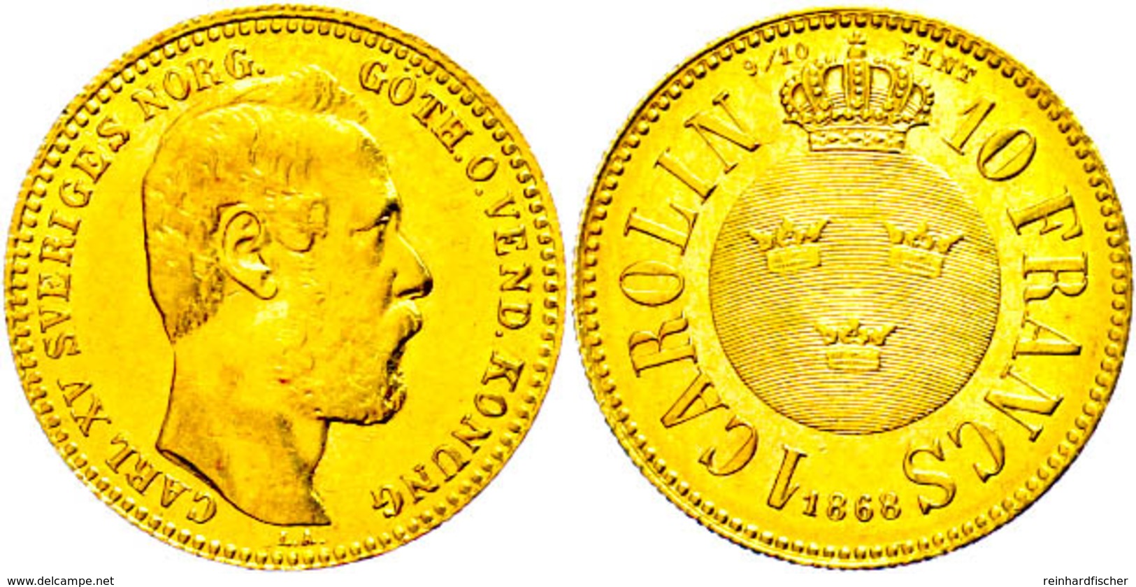 1 Karolin (10 Francs), Gold, 1868, Karl XV., Fb. 92, Vz.  Vz - Zweden