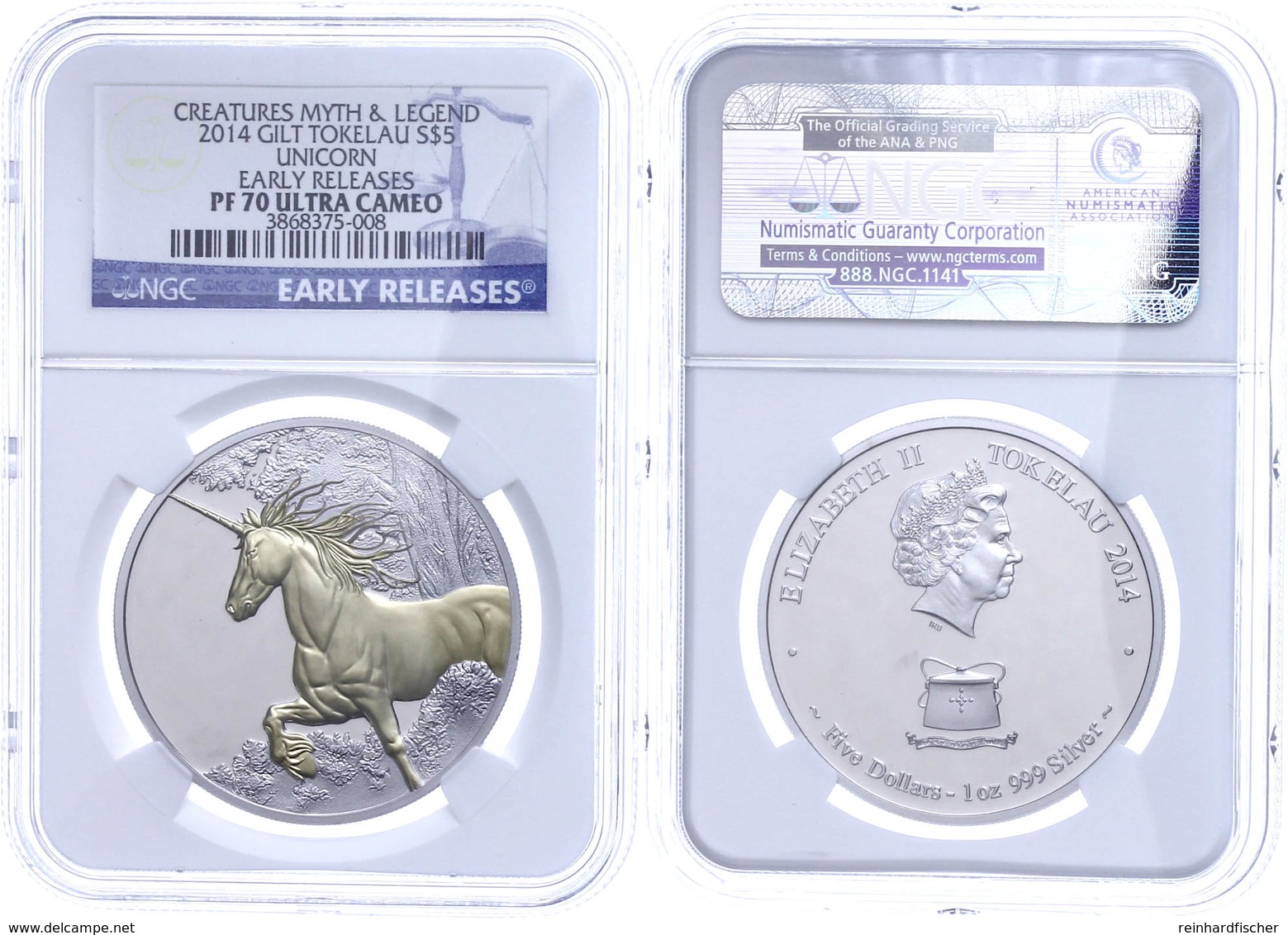 5 Dollars, 2014, Einhorn, Motiv Vergoldet, In Slab Der NGC Mit Der Bewertung PF70 Ultra Cameo, Early Releases. - Zonder Classificatie