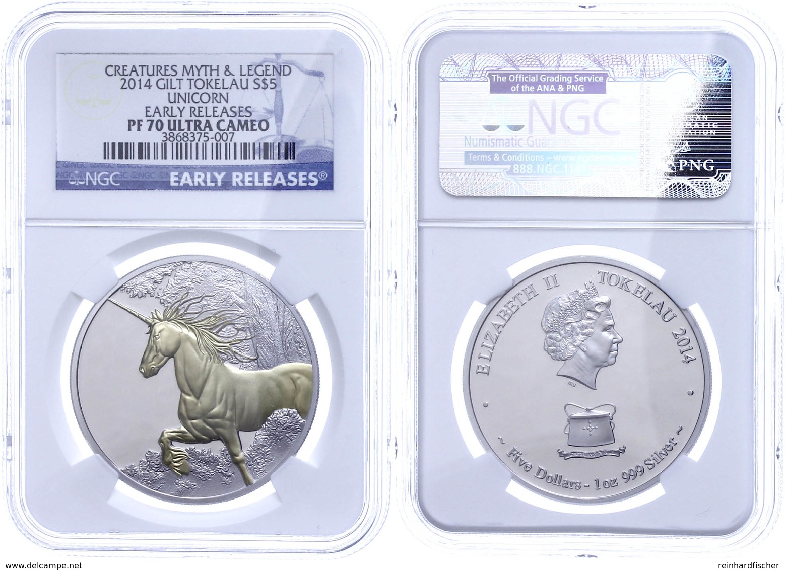 5 Dollars, 2014, Einhorn, Motiv Vergoldet, In Slab Der NGC Mit Der Bewertung PF70 Ultra Cameo, Early Releases. - Zonder Classificatie