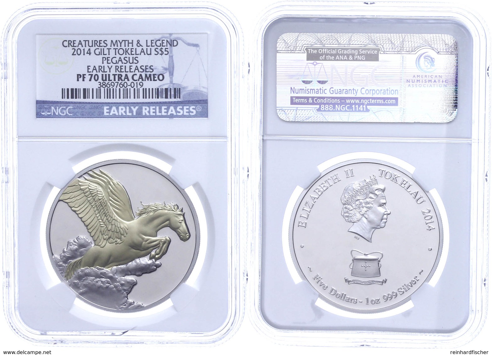 5 Dollars, 2014, Pegasus, Motiv Vergoldet, In Slab Der NGC Mit Der Bewertung PF70 Ultra Cameo, Early Releases. - Zonder Classificatie