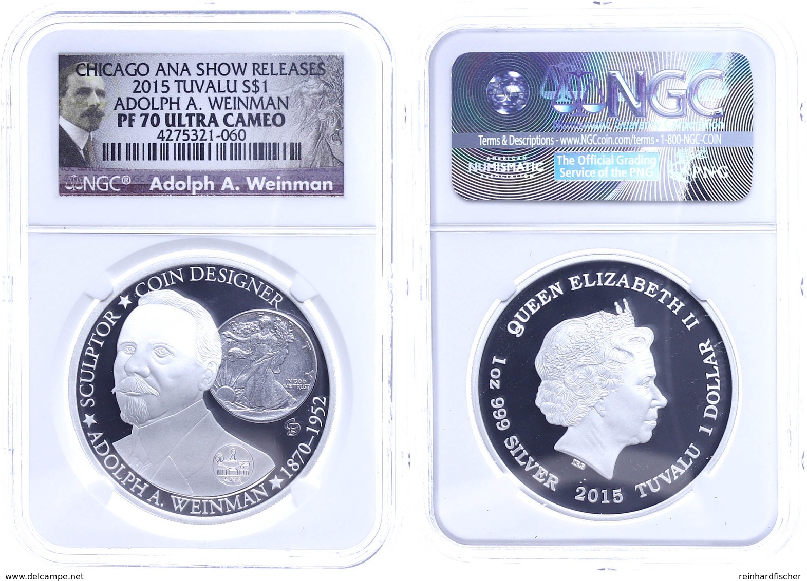 1 Dollar, 2015, Adolph A. Weinman, In Slab Der NGC Mit Der Bewertung PF70 Ultra Cameo, Chicago ANA Releases, Weinman Lab - Tuvalu