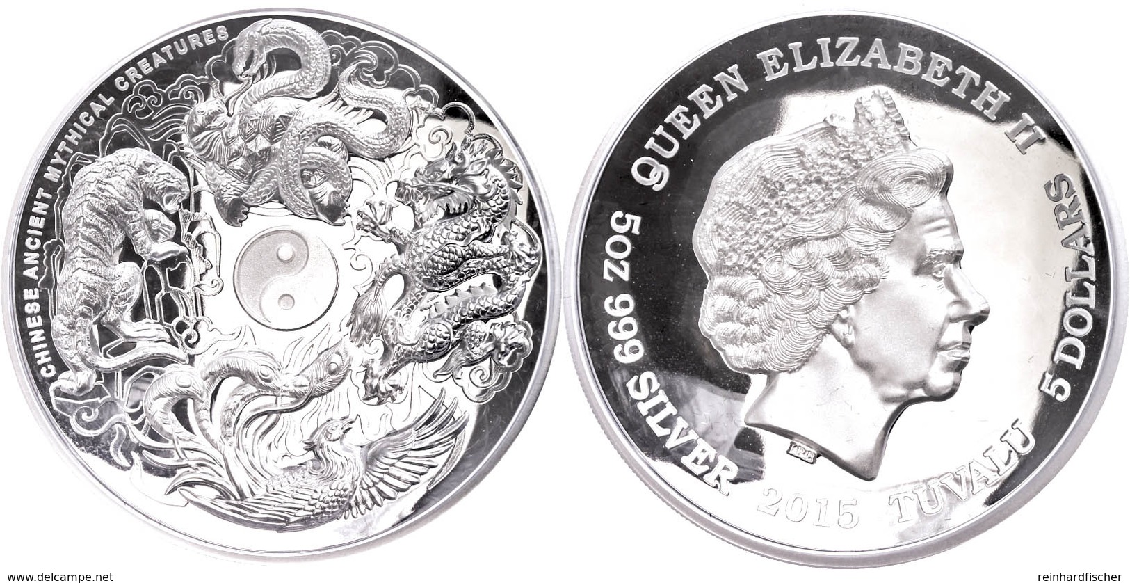 50 Dollars, 2015, Mythical Creatures - Chinesische Fabelwesen, 5 Unzen Silber, High Relief, Etui Mit OVP Und Zertifikat. - Tuvalu