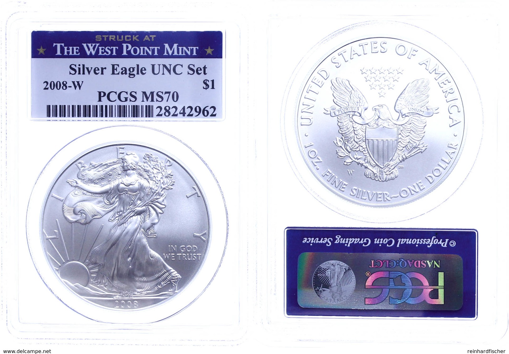 1 Dollar, 2008, W, Silver Eagle, In Slab Der PCGS Mit Der Bewertung MS70, UNC Set, West Point Mint Label. - Other & Unclassified