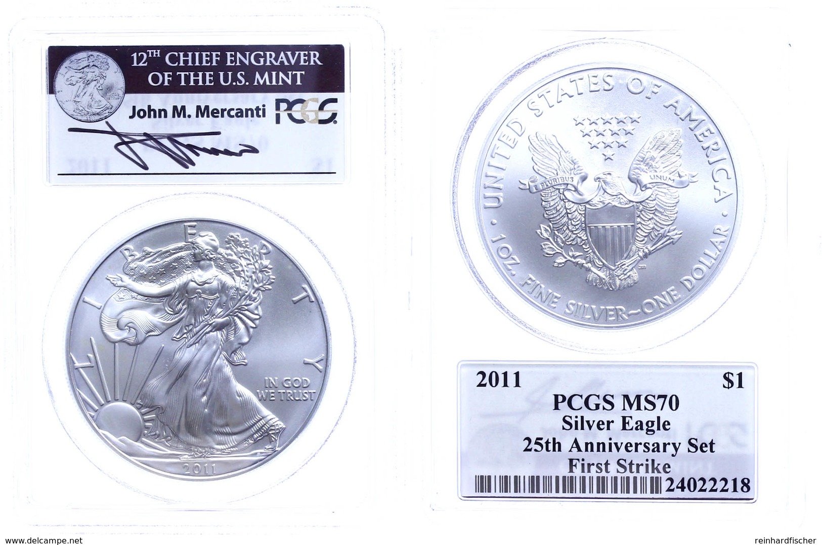 1 Dollar, 2011, Silver Eagle, In Slab Der PCGS Mit Der Bewertung MS70, 25. Jubiläum Set, First Strike, John M. Mercanti  - Andere & Zonder Classificatie