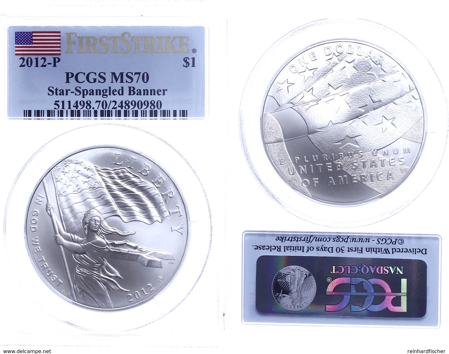 1 Dollar, 2012, P, Star Spangled Banner, In Slab Der PCGS Mit Der Bewertung MS70, First Strike, Flag Label. - Andere & Zonder Classificatie