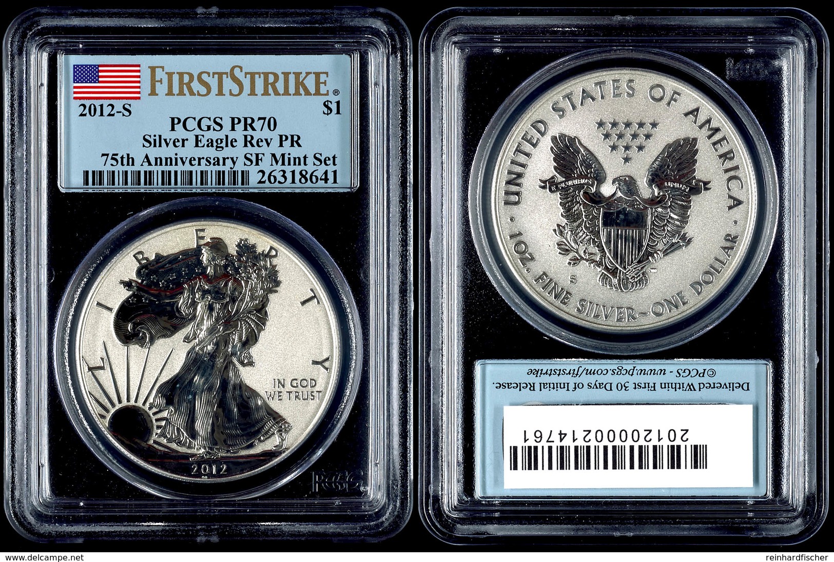 1 Dollar, 2012, S, Silver Eagle, In Slab Der PCGS Mit Der Bewertung PR70, 75. Jahrestag SF Mint Set, Revers Proof, First - Andere & Zonder Classificatie