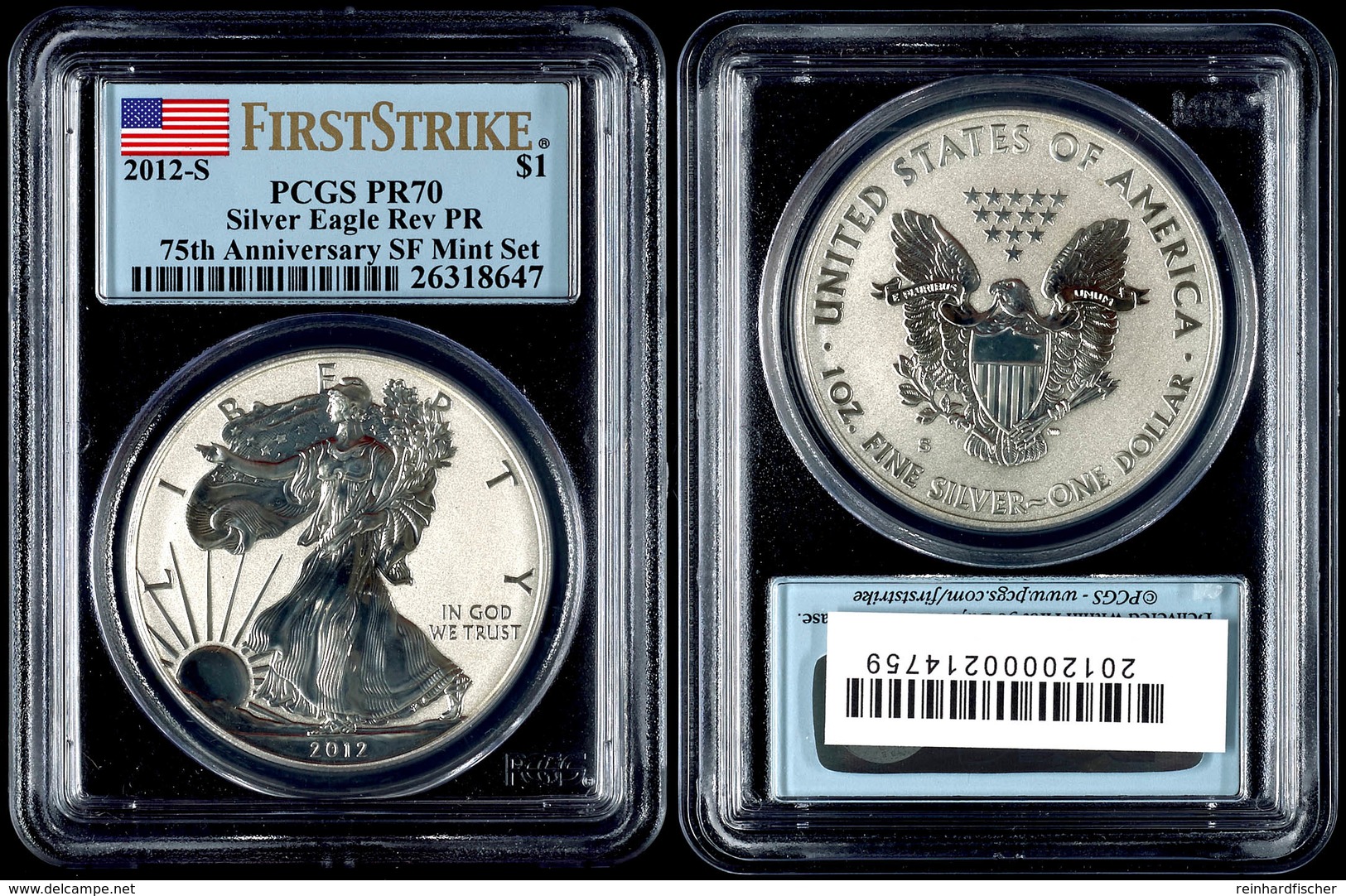 1 Dollar, 2012, S, Silver Eagle, In Slab Der PCGS Mit Der Bewertung PR70, 75. Jahrestag SF Mint Set, Revers Proof, First - Andere & Zonder Classificatie