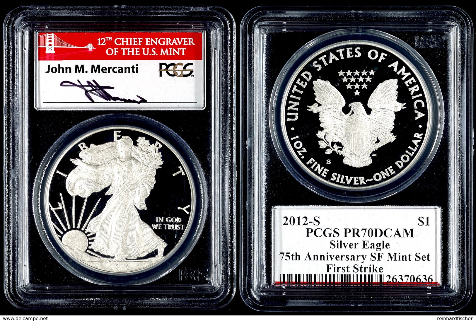 1 Dollar, 2012, S, Silver Eagle, In Slab Der PCGS Mit Der Bewertung PR70DCAM, 75. Jahrestag SF Mint Set, First Strike, M - Andere & Zonder Classificatie
