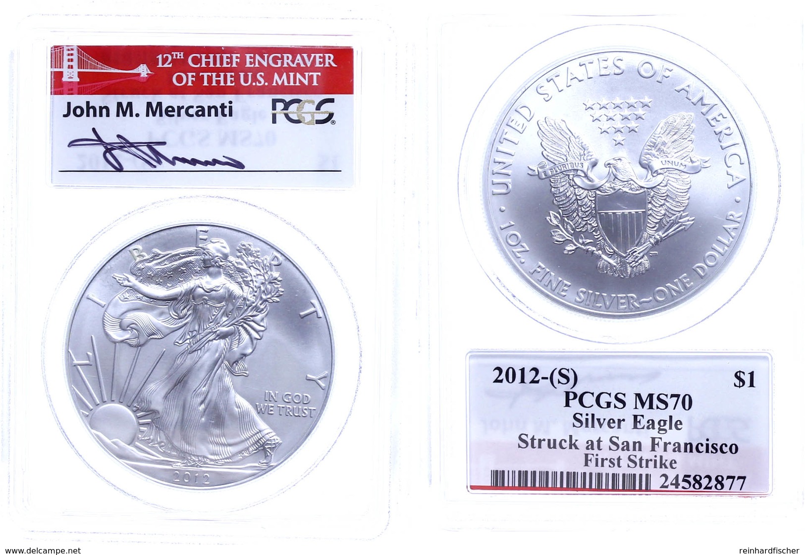 1 Dollar, 2012, Silver Eagle, In Slab Der PCGS Mit Der Bewertung MS70, Stuck At San Francisco, First Strike, Bridge Labe - Other & Unclassified