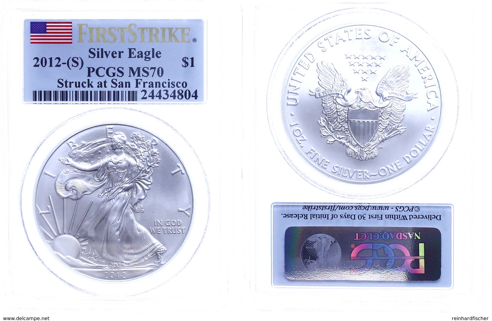 1 Dollar, 2012, Silver Eagle, In Slab Der PCGS Mit Der Bewertung MS70, Stuck At San Francisco, First Strike, Flag Label. - Andere & Zonder Classificatie
